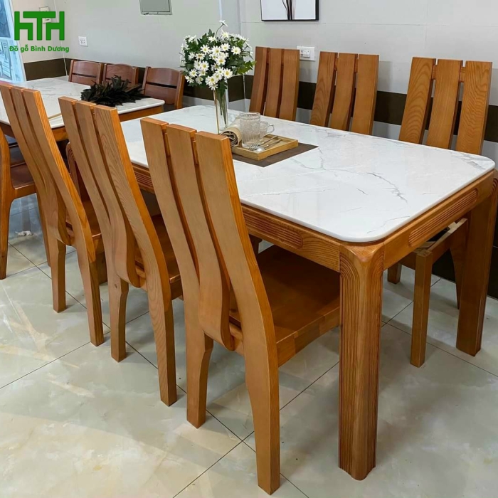 BÀN ĂN MẶT ĐÁ TRÀN GỖ SỒI 6 GHẾ LAU HƯƠNG 
