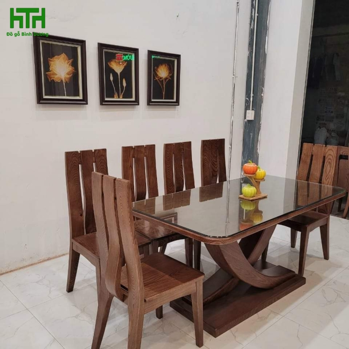 BÀN ĂN 6 GHẾ CHÂN X GỖ SỒI NHẬP  LAU MÀU ÓC CHÓ 
