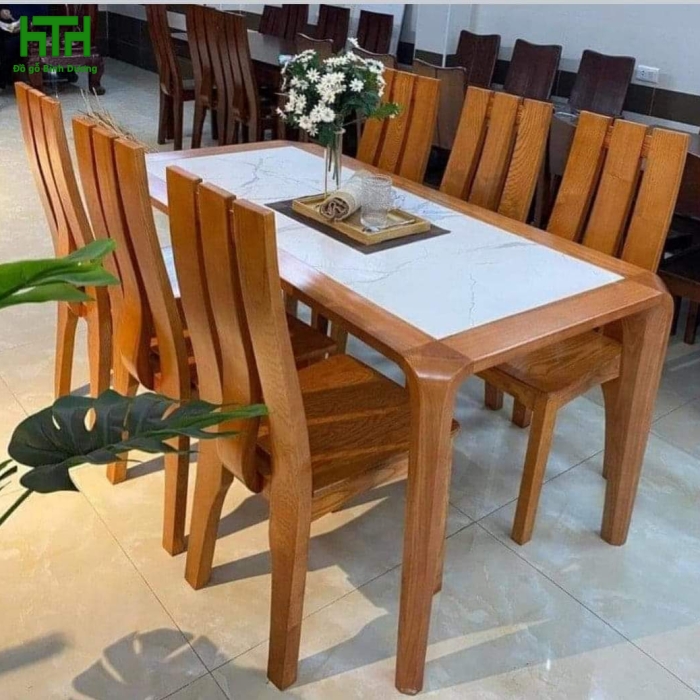 BỘ BÀN ĂN GỖ SỒI NGA MẶT ĐÁ CAO CẤP 6 GHẾ 