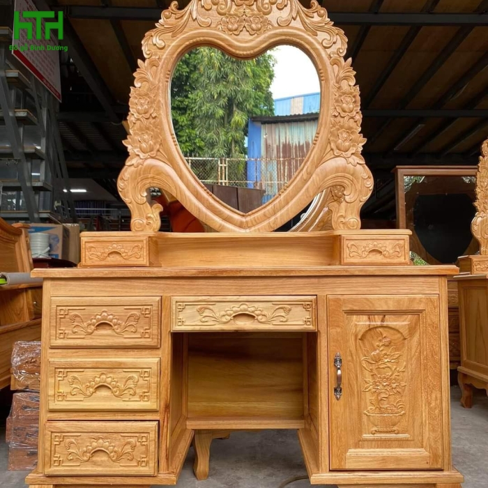 BÀN TRANG ĐIỂM GỖ GÕ ĐỎ NGANG 1M1 GƯƠNG TRÁI TIM 
