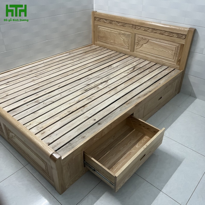 GIƯỜNG NGĂN KÉO GỖ SỒI  1M6 X 2M 