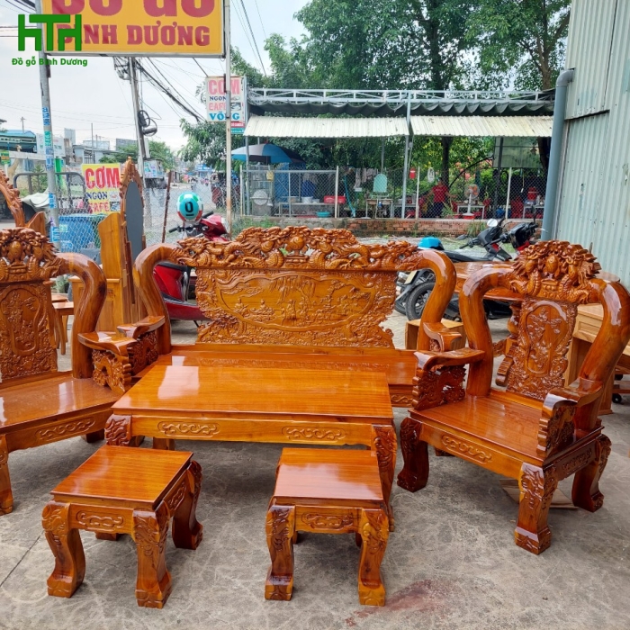 BỘ BÀN GHẾ GỖ TRÀM BÔNG VÀNG CỘT 12  TỰA BÁT TIÊN 