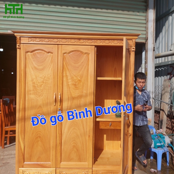 TỦ QUẦN ÁO GỖ GÕ ĐỎ TỰ NHIÊN 1M6 3 CÁNH 