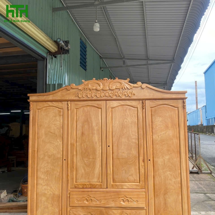 TỦ QUẦN ÁO GỖ GÕ ĐỎ 100% 4 CÁNH 2M MẪU NỮ HOÀNG 