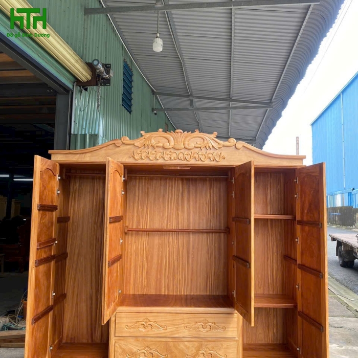 TỦ QUẦN ÁO GỖ GÕ ĐỎ 100% 4 CÁNH 2M MẪU NỮ HOÀNG 