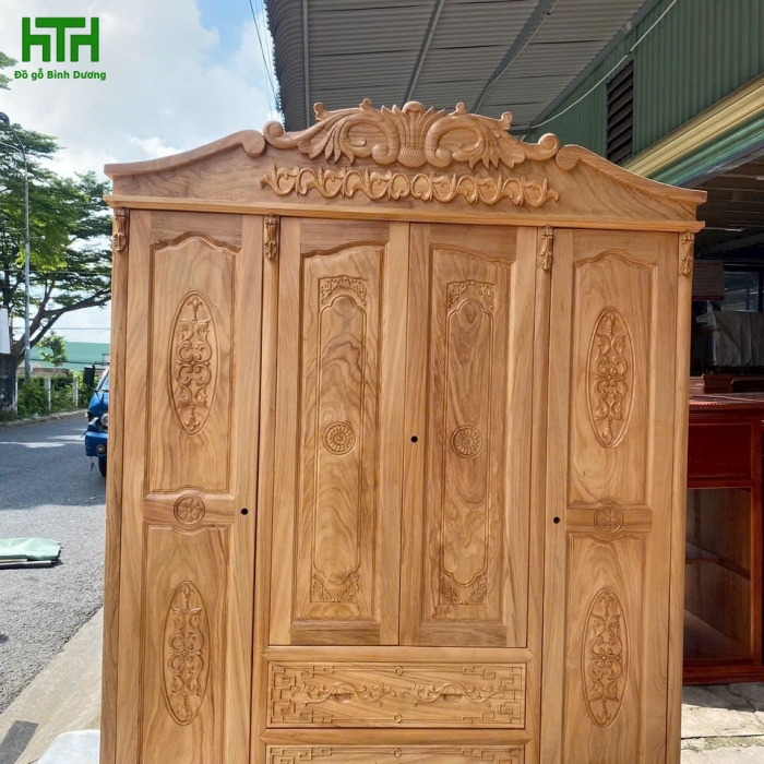 TỦ QUẦN ÁO GỖ GÕ ĐỎ 100% 4 CÁNH 2M MẪU NỮ HOÀNG 