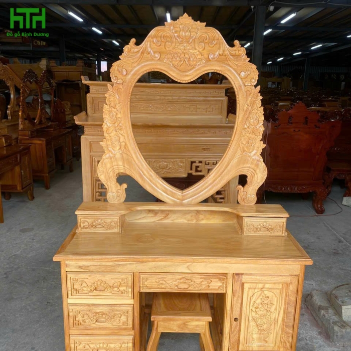 BÀN TRANG ĐIỂM GỖ GÕ ĐỎ NGANG 1M1 GƯƠNG TRÁI TIM 
