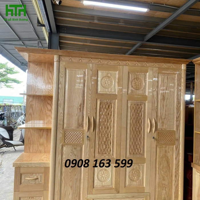 TỦ QUẦN ÁO GỖ SỒI TỰ NHIÊN 4 CÁNH KỆ TRANG TRÍ 