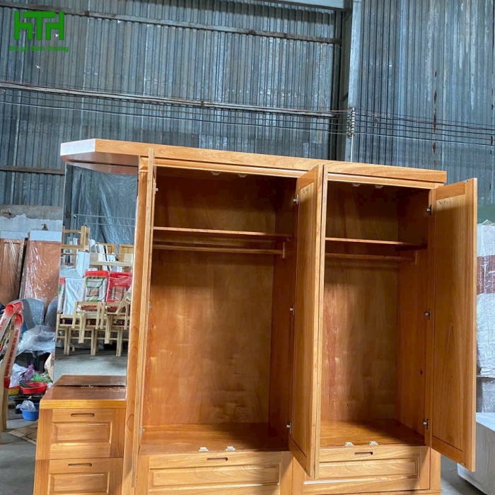 TỦ ÁO GÕ ĐỎ 4 CÁNH KỆ TRANG TRÍ 2M4 
