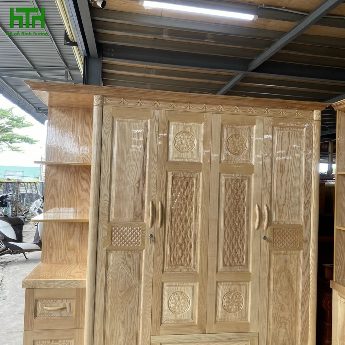 TỦ QUẦN ÁO GỖ SỒI TỰ NHIÊN 4 CÁNH KỆ TRANG TRÍ 