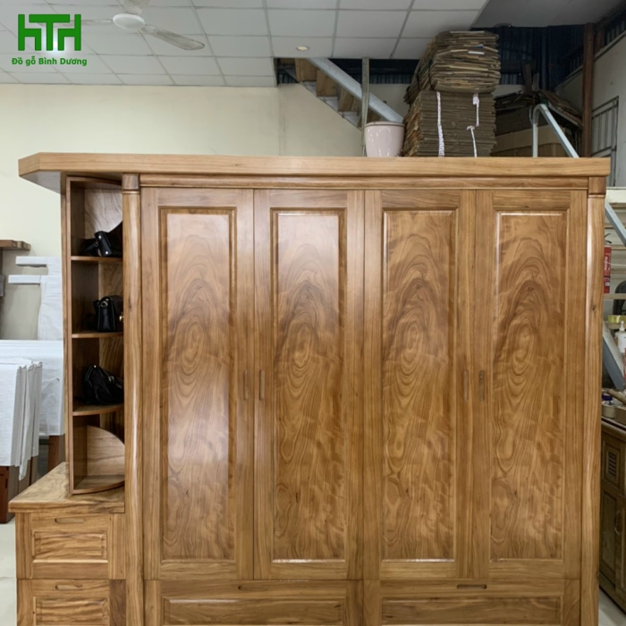 TỦ ÁO GỖ HƯƠNG XÁM 4 CÁNH KỆ TRANG TRÍ  GƯƠNG XOAY 