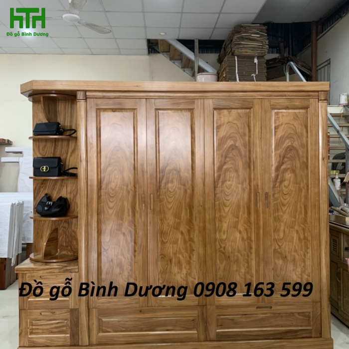TỦ ÁO GỖ HƯƠNG XÁM 4 CÁNH KỆ TRANG TRÍ  GƯƠNG XOAY 
