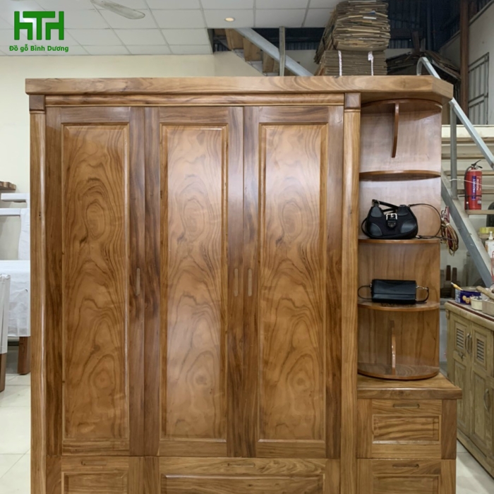 TỦ ÁO GỖ HƯƠNG XÁM 3 CÁNH KỆ TRANG TRÍ GƯƠNG XOAY 