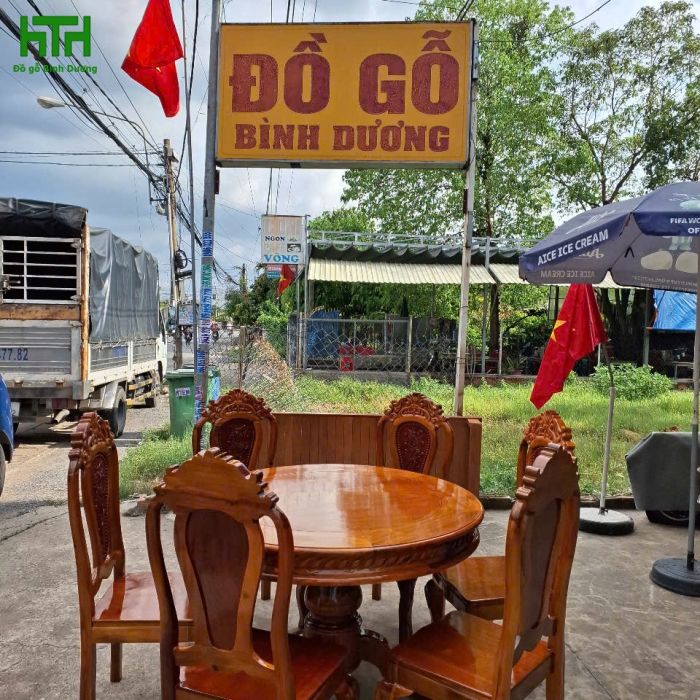 BỘ BÀN TRÒN GỖ TRÀM BÔNG VÀNG 6 GHẾ 