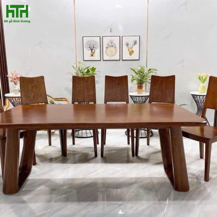 BỘ BÀN ĂN GỖ SỒI MÀU ÓC CHÓ CHÂN CHOÃI 6 GHẾ 