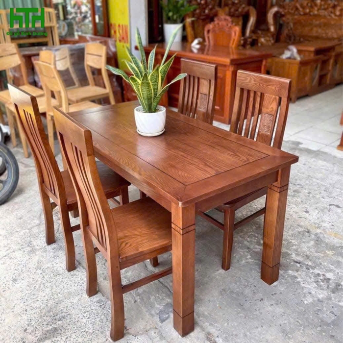 BÀN ĂN GỖ SỒI NHẬP 6  GHẾ MẶT LIỀN 