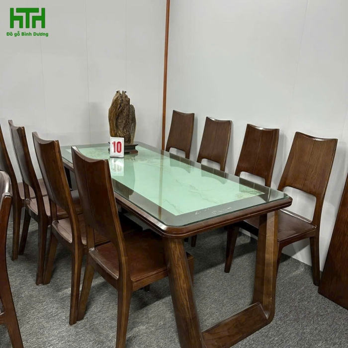 BỘ BÀN ĂN GỖ SỒI CHÂN CHOÃI MẶT ĐÁ 8 GHẾ 