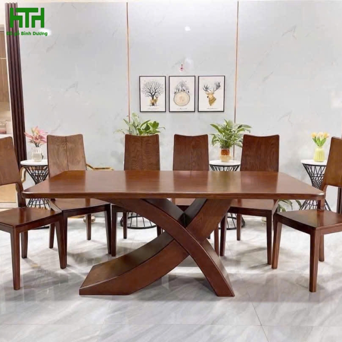 BÀN ĂN CHÂN X GỖ SỒI LAU MÀU ÓC CHÓ 6 GHẾ 