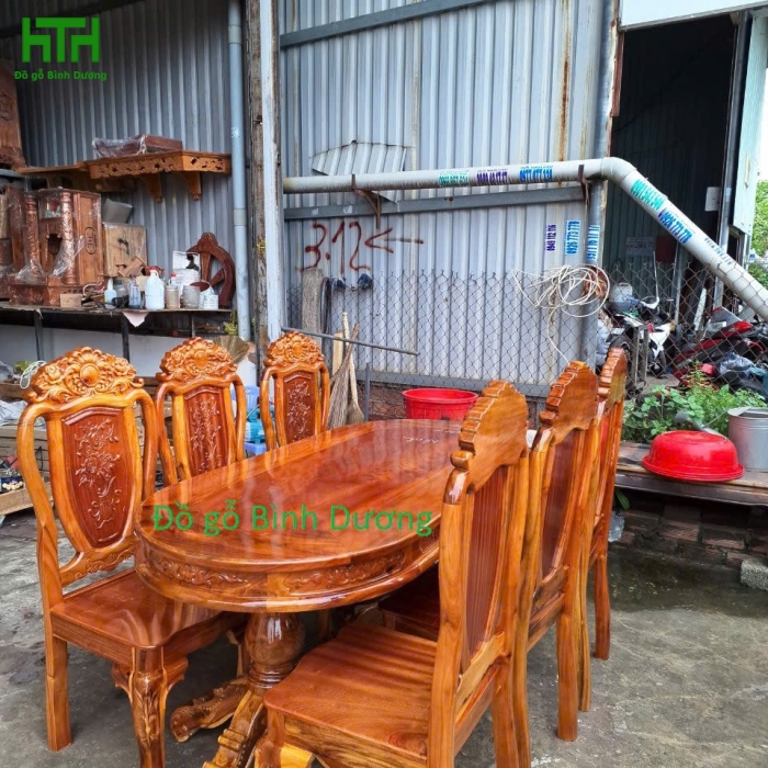 BỘ BÀN ĂN GỖ TRÀM BÔNG VÀNG 6 GHẾ MẪU OVAN 