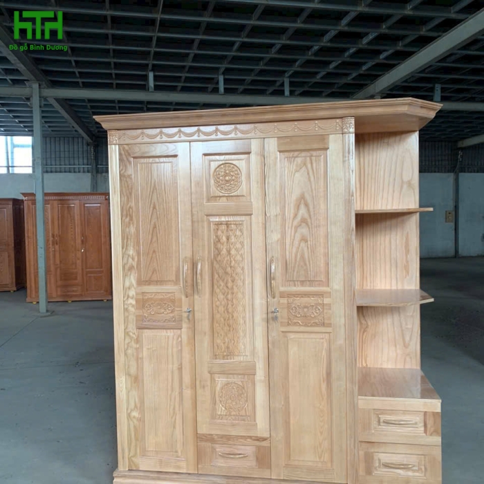 TỦ ÁO GỖ SỒI TỰ NHIÊN 3 CÁNH KỆ TRANG TRÍ 