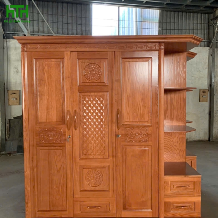 TỦ ÁO GỖ SỒI TỰ NHIÊN 3 CÁNH KỆ TRANG TRÍ 