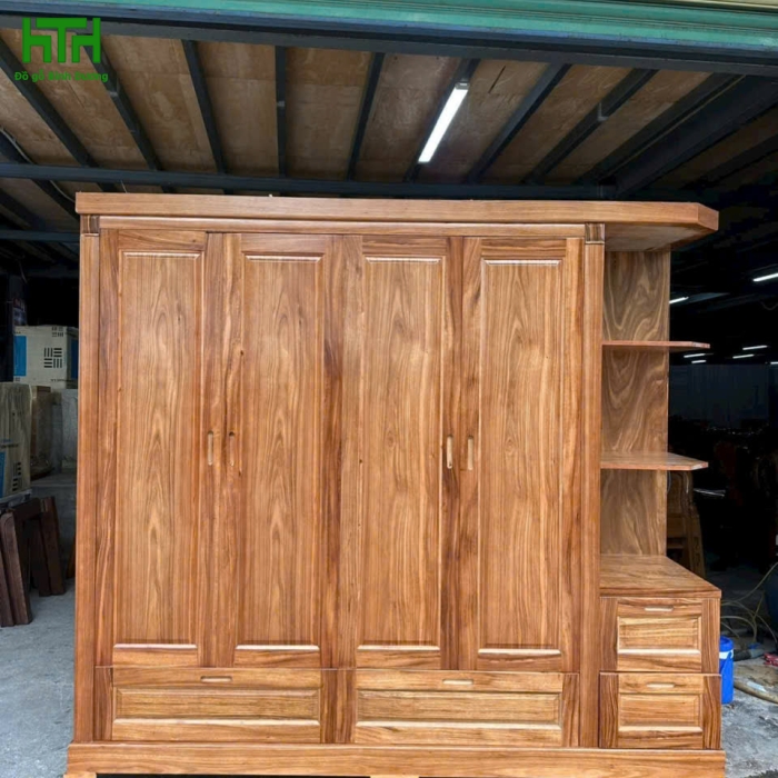 TỦ ÁO GỖ HƯƠNG XÁM 4 CÁNH KỆ TRANG TRÍ 2M4 