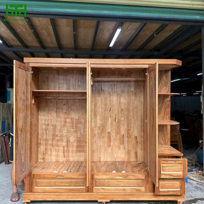 TỦ ÁO GỖ HƯƠNG XÁM 4 CÁNH KỆ TRANG TRÍ 2M4 