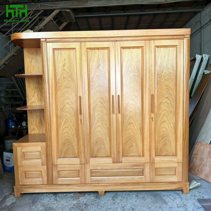 TỦ ÁO GÕ ĐỎ 4 CÁNH KỆ TRANG TRÍ 2M4  CHÂN GỖ HÀNG DÀY 