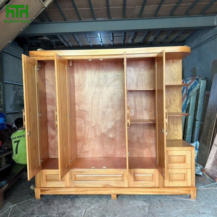 TỦ ÁO GÕ ĐỎ 4 CÁNH KỆ TRANG TRÍ 2M4  CHÂN GỖ HÀNG DÀY 