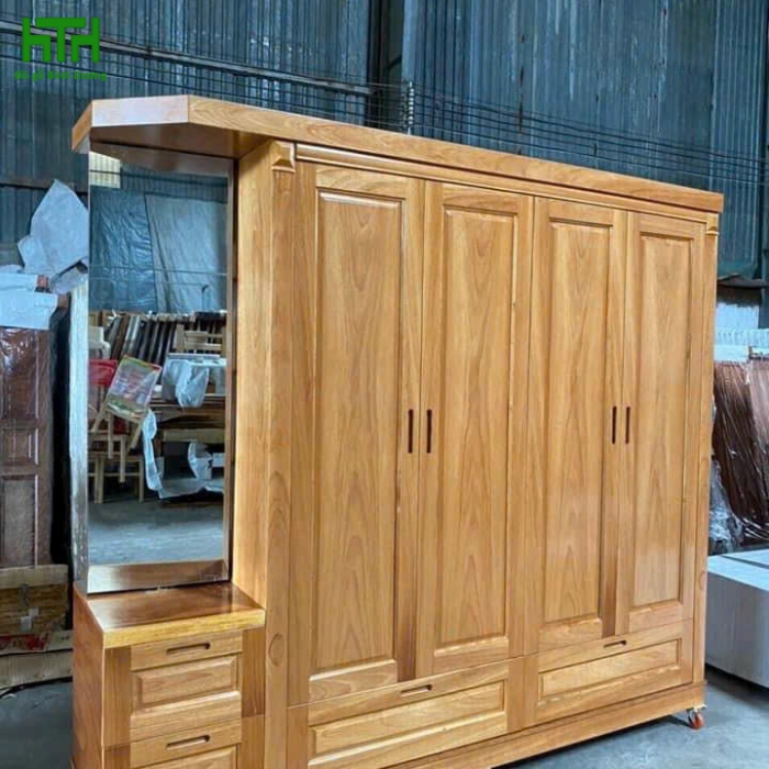 TỦ ÁO GÕ ĐỎ 4 CÁNH KỆ TRANG TRÍ GƯƠNG XOAY 