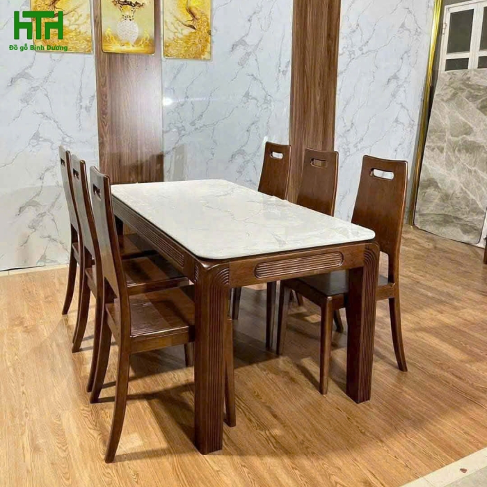 BỘ BÀN ĂN MẶT ĐÁ LAU MÀU ÓC CHÓ 6 GHẾ 