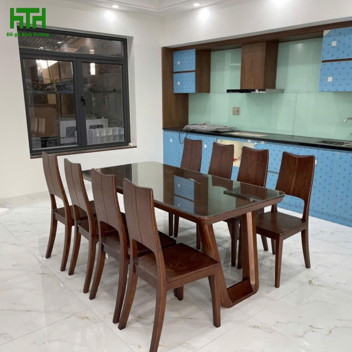BỘ BÀN GHẾ  8 GHẾ MẶT GỖ CHÂN CHOÃI 