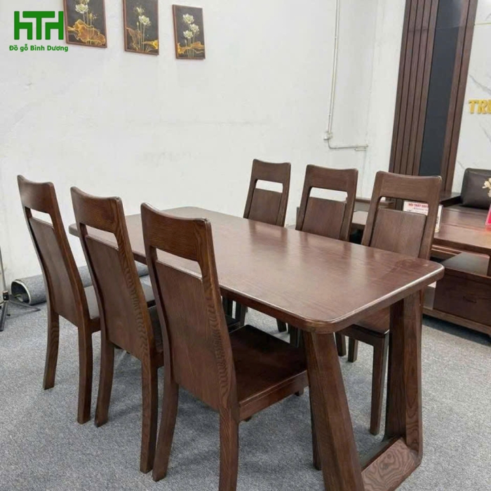 BỘ BÀN ĂN CHÂN CHOÃI  6 GHẾ GỖ SỒI NHẬP KHẨU 