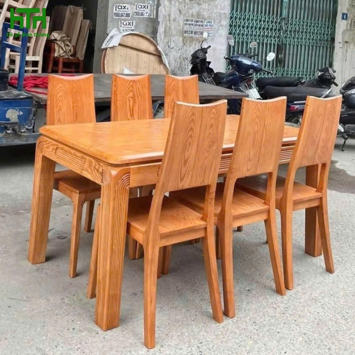 BỘ BÀN ĂN GỖ SỒI MẶT LIỀN LAU HƯƠNG 6 GHẾ 