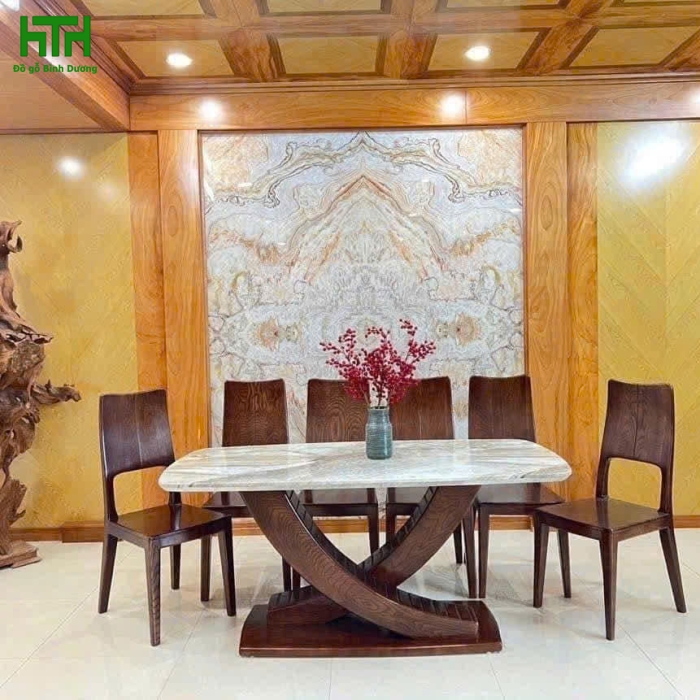 BÀN ĂN GỖ SỒI MẶT ĐÁ CHÂN CHÉO 6 GHẾ 