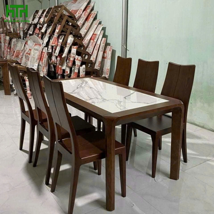 BỘ BÀN ĂN GỖ SỒI NGA MẶT ĐÁ 6 GHẾ LAU MÀU ÓC CHÓ 