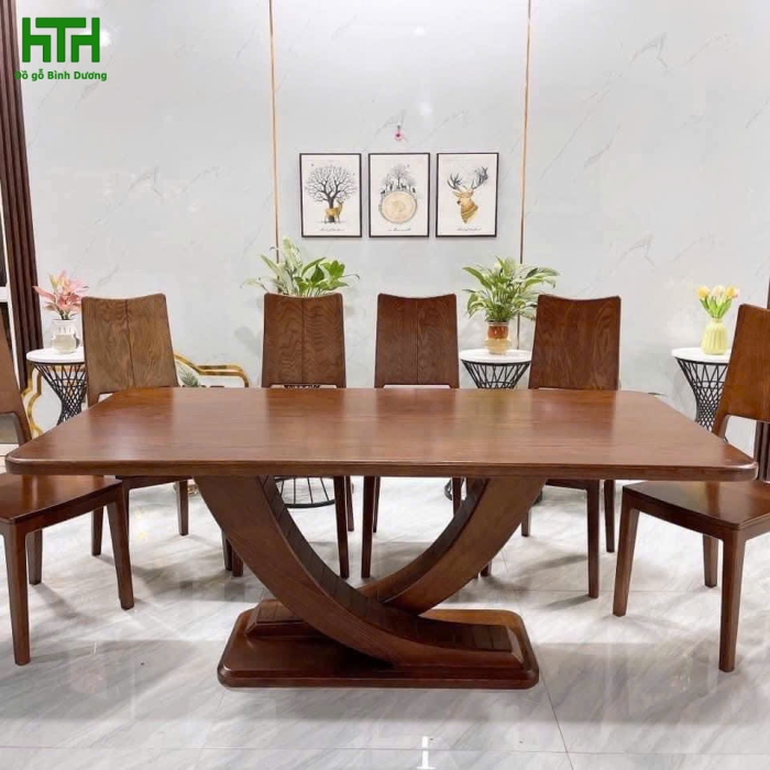 BÀN ĂN GỖ SỒI 6 GHẾ LAU MÀU ÓC CHÓ 
