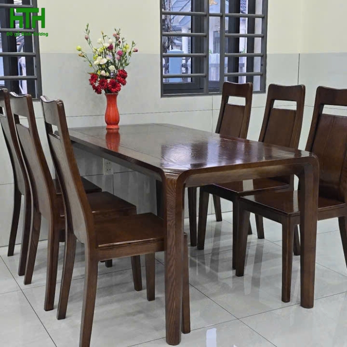 BỘ BÀN ĂN CHÂN HƯƠU MẶT GỖ LAU MÀU ÓC CHÓ 6 GHẾ 