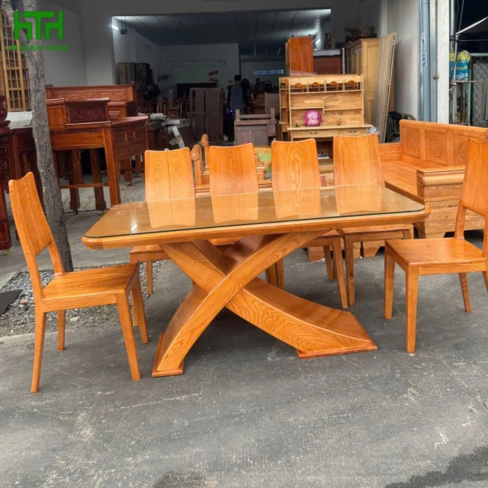 BỘ BÀN ĂN GỖ SỒI MẶT GỖ LAU HƯƠNG CHÂN X 