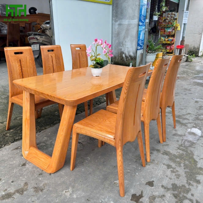 BỘ BÀN ĂN GỖ SỒI LAU HƯƠNG CHÂN CHOÃI GHẾ ANH ĐÀO 