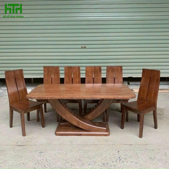 BÀN ĂN GỖ SỒI 6 GHẾ LAU MÀU ÓC CHÓ 
