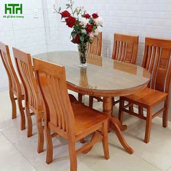 BÀN ĂN GỖ SỒI MẪU OVAN 6 GHẾ 