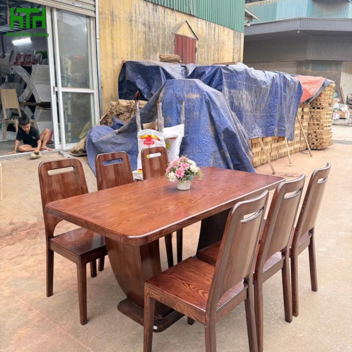 BÀN ĂN CHỮ U GỖ SỒI 6 GHẾ LAU MÀU ÓC CHÓ 