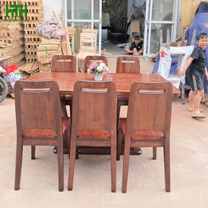 BÀN ĂN CHỮ U GỖ SỒI 6 GHẾ LAU MÀU ÓC CHÓ 