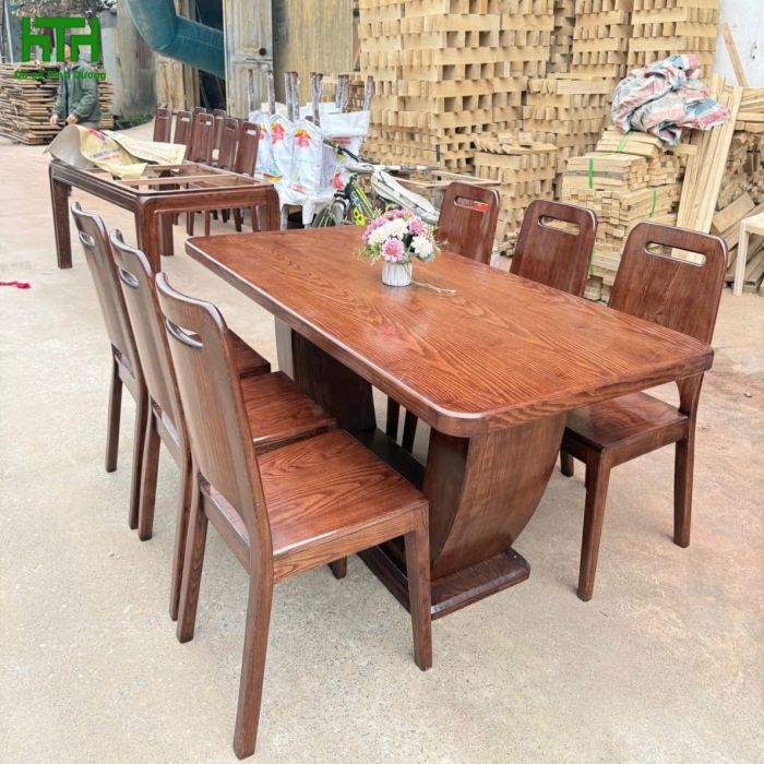 BÀN ĂN CHỮ U GỖ SỒI 6 GHẾ LAU MÀU ÓC CHÓ 