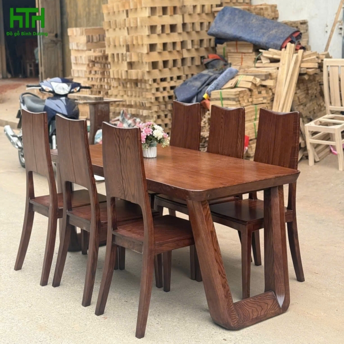 BỘ BÀN ĂN CHÂN CHOÃI GỖ SỒI 6 GHẾ MẪU GHẾ 3 TIÊU 