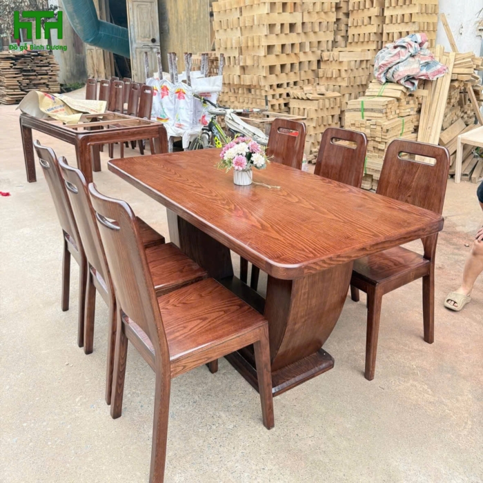 BÀN ĂN CHỮ U GỖ SỒI 6 GHẾ LAU MÀU ÓC CHÓ 