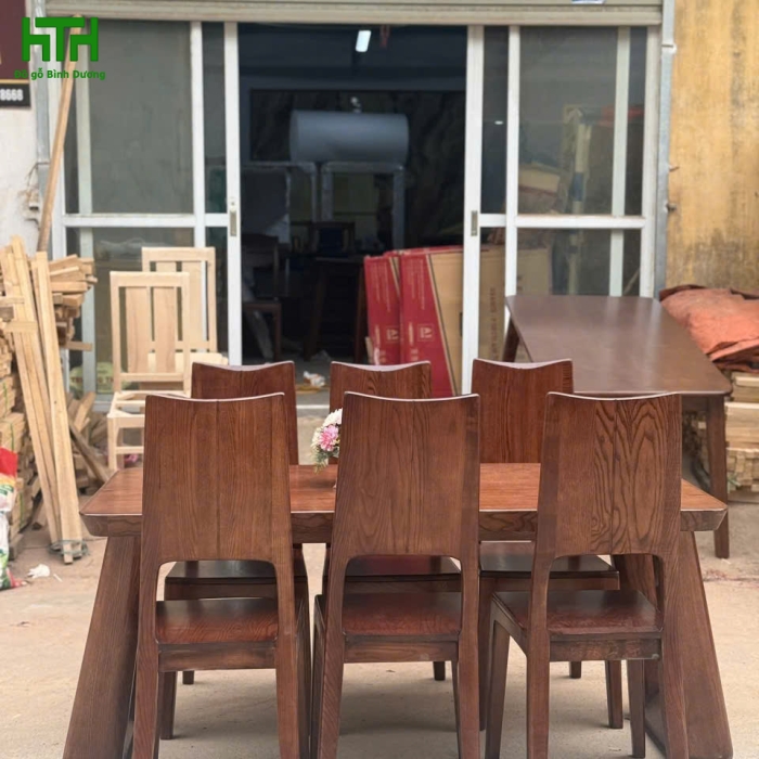 BỘ BÀN ĂN CHÂN CHOÃI GỖ SỒI 6 GHẾ MẪU GHẾ 3 TIÊU 