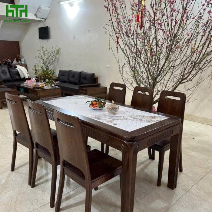 BỘ BÀN ĂN GỖ SỒI MẶT ĐÁ 6 GHẾ CHÂN LỚN 