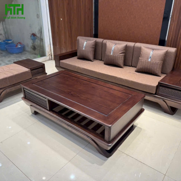SOFA 1 VĂNG CHÂN THUYỀN GỖ SỒI 3 MÓN KÈM NỆM 